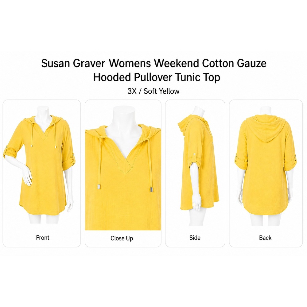 Susan Graver Womens Weekend Yellow Cotton Gauze Hooded Pullover Tunic Top 3X